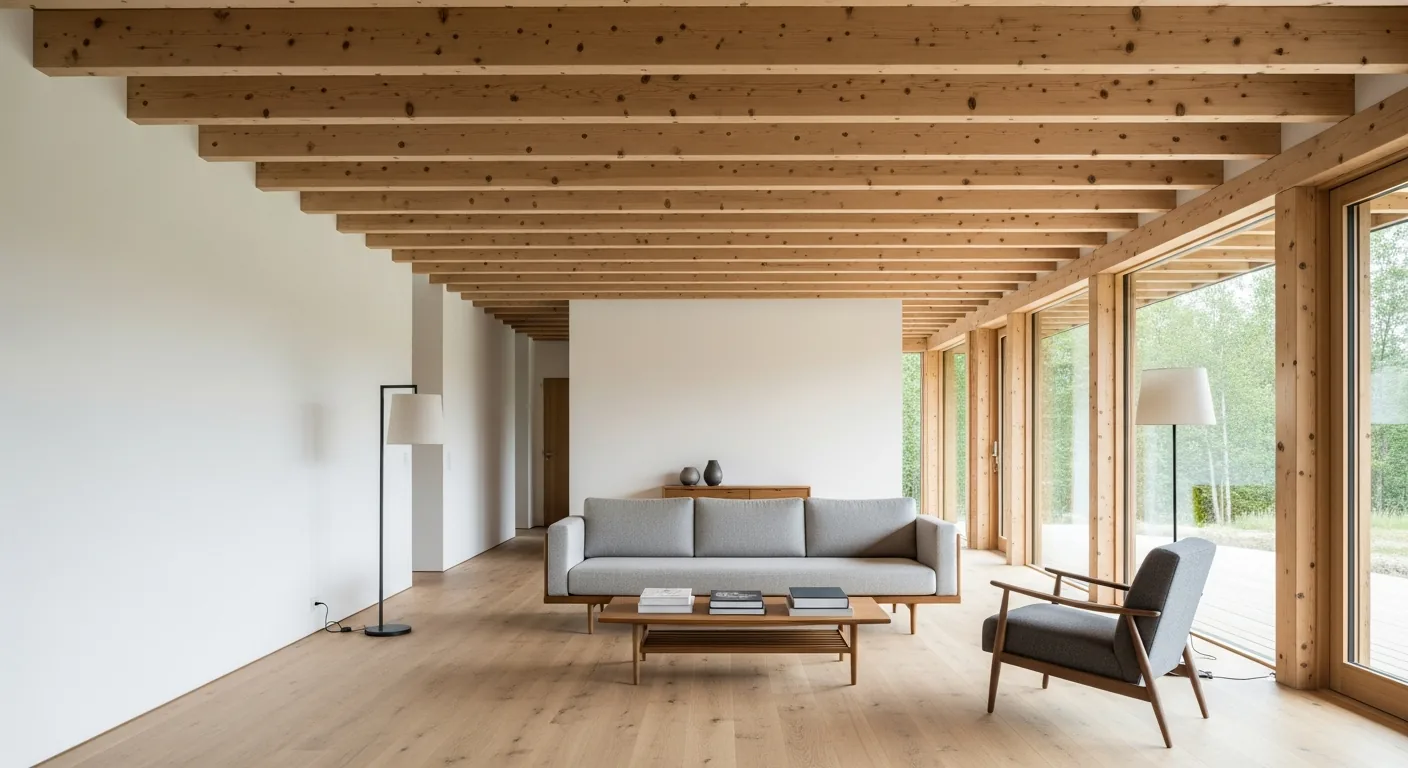 Premium Innenraum eines Holz-Fertighauses mit sichtbaren Holzbalken